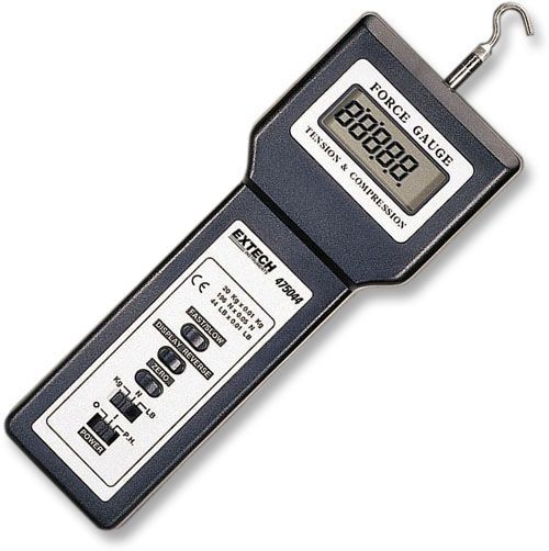 Extech 475044 High Capacity Force Gauge; 5 digit LCD with reversible display feature to match viewing angle; Exclusive load cell measurement transducer; Overrange, low battery and advanced function indication; Zero Adjust push-button and Peak Hold switch; Selectable fast/slow response; Optional test stand permits precise tension/compression analysis; UPC: 793950470459 (EXTECH475044 EXTECH 475044 FORCE GAUGE)
